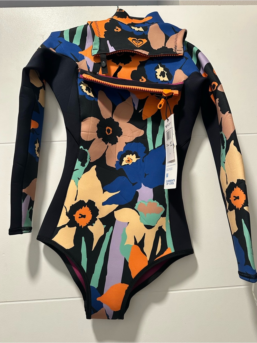 Roxy Floral Long-Sleeve One-Piece in Black, Blue & Orange - Picture 4 of 7